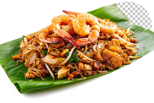 De beroemde penang char kuey teow met grote garnalen op een doorzichtige achtergrond