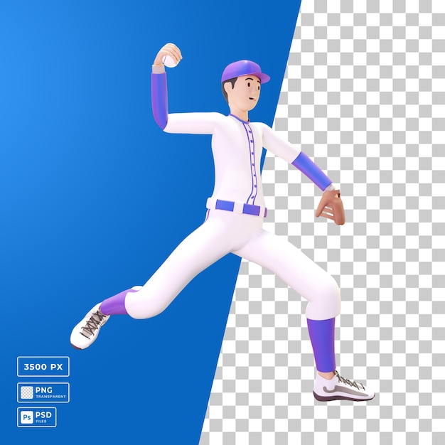 PSD de blauwe man die op het punt staat een honkbalbal te gooien met dient de 3d illustratie van het honkbalspel in