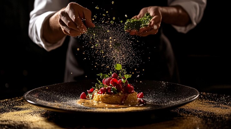 PSD de chef-kok versiert een gourmet dessert met kruiden en poeder en creëert een visueel verbluffend culinair meesterwerk.