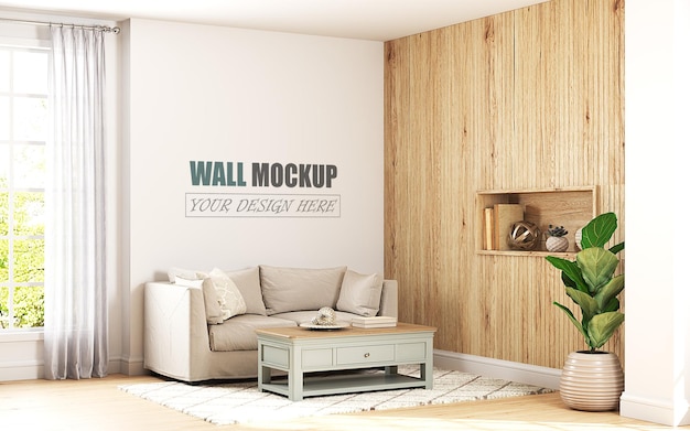 De gezellige woonkamer is ontworpen in amerikaanse stijl wall mockup