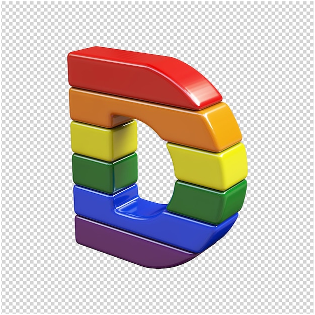 De letters van de kleuren van de lgbt-vlag zijn naar links gedraaid. 3d-letter d