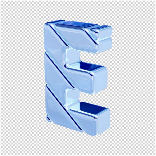 De letters zijn gemaakt van blauw ijs, naar links gedraaid. 3d-letter e