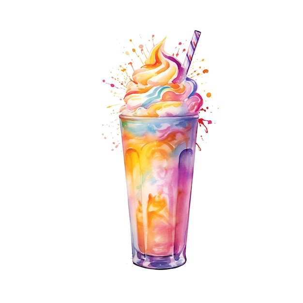 De milkshake met caramel en ijs waterverf illustratie in handgetekende stijl