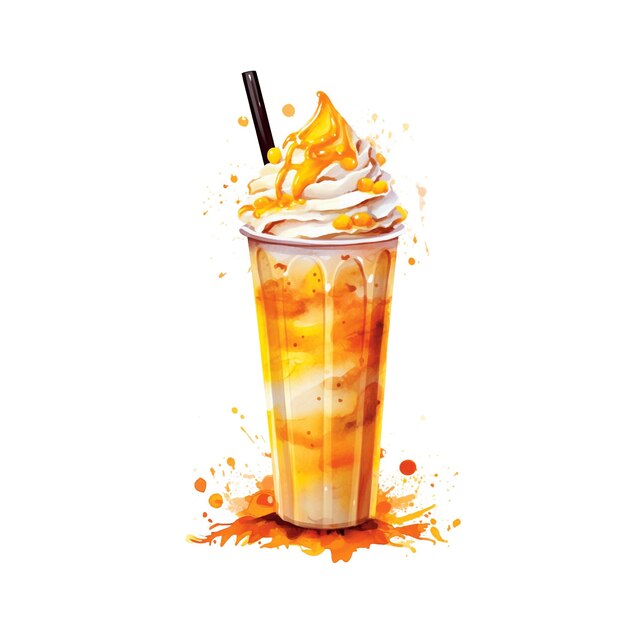 De milkshake met caramel en ijs waterverf illustratie in handgetekende stijl