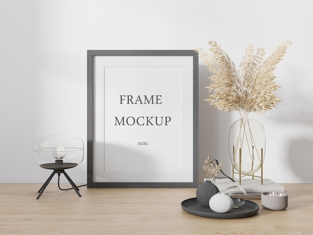 PSD de mockup van een zwart frame leunt tegen de muur