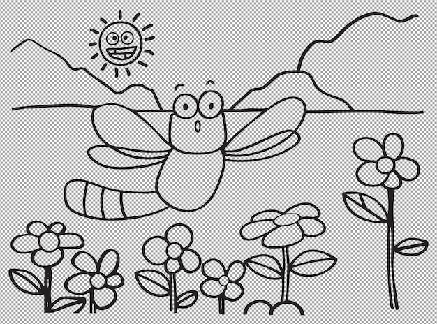 De schattige tekenfilm libel vliegt over een bloemenverf Illustratie voor kinderen