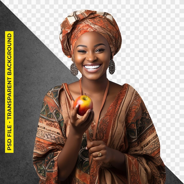 PSD de traditionele kleding van de afrikaanse vrouw eet een appel-transparante psd