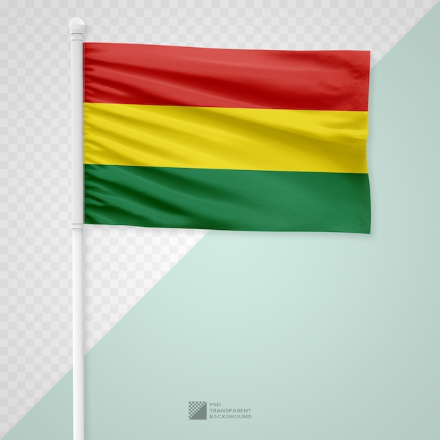 PSD de vlag van bolivia zwaaien op een witte metalen paal geïsoleerd op een transparante achtergrond