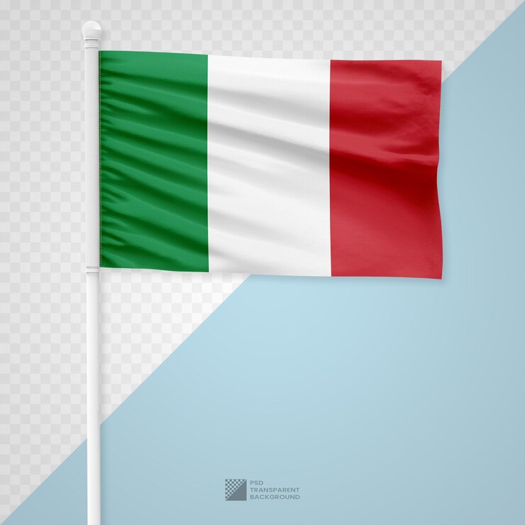 PSD de vlag van italië zwaaien op een witte metalen paal geïsoleerd op een transparante achtergrond