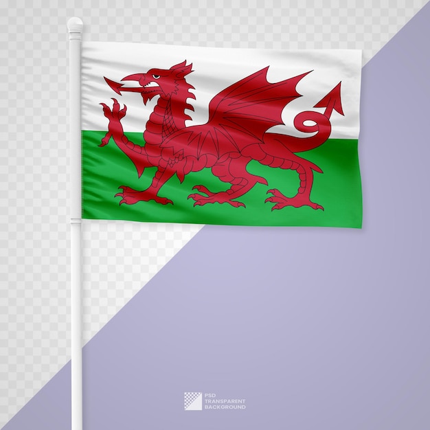 PSD de vlag van wales zwaaien op een witte metalen paal die op een doorzichtige achtergrond is geïsoleerd