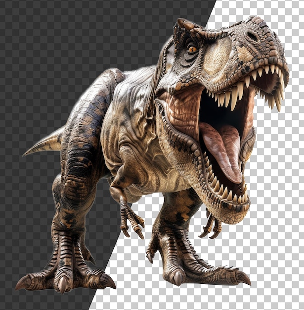 De woeste tyrannosaurus rex brult met open mond op een doorzichtige achtergrond.