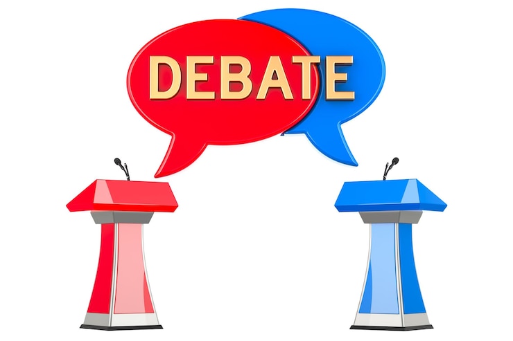 PSD debate concept with microphones and tribunes 3d rendering isolated on transparent background