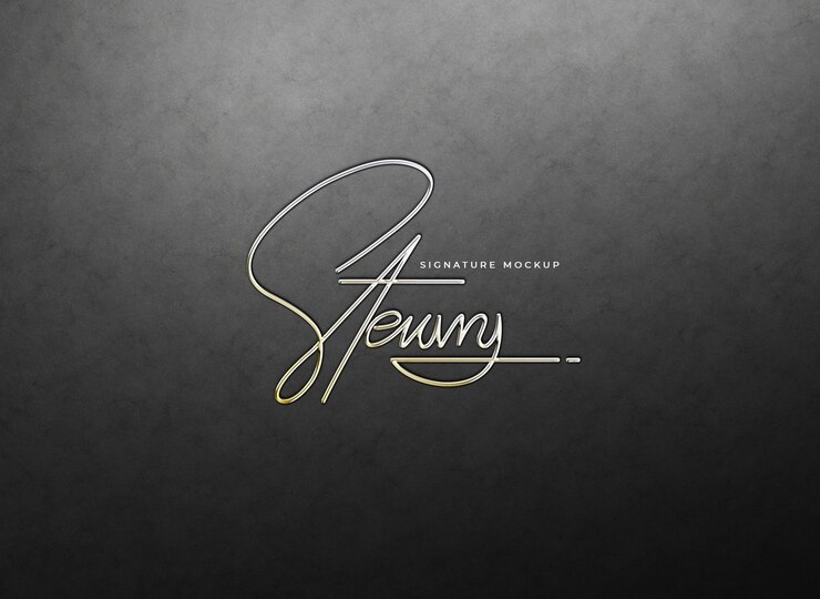 Debossed gold signature logo mockup dark wall