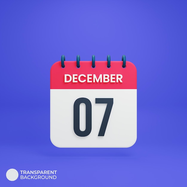 PSD december realistic calendar icon 3d rendered date december 07