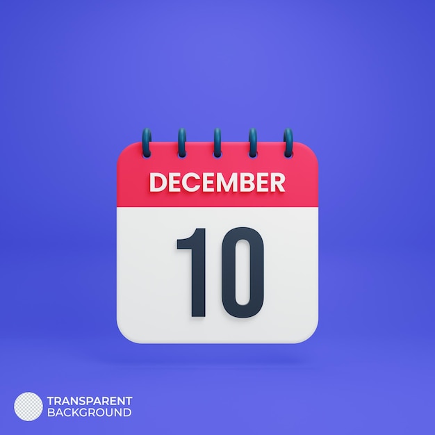 December Realistic Calendar Icon 3D Rendered Date December 10