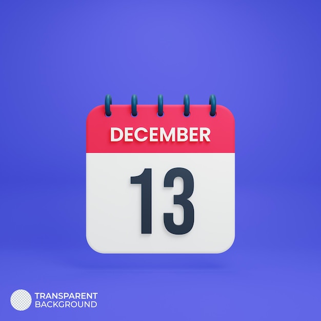 December realistic calendar icon 3d rendered date december 13