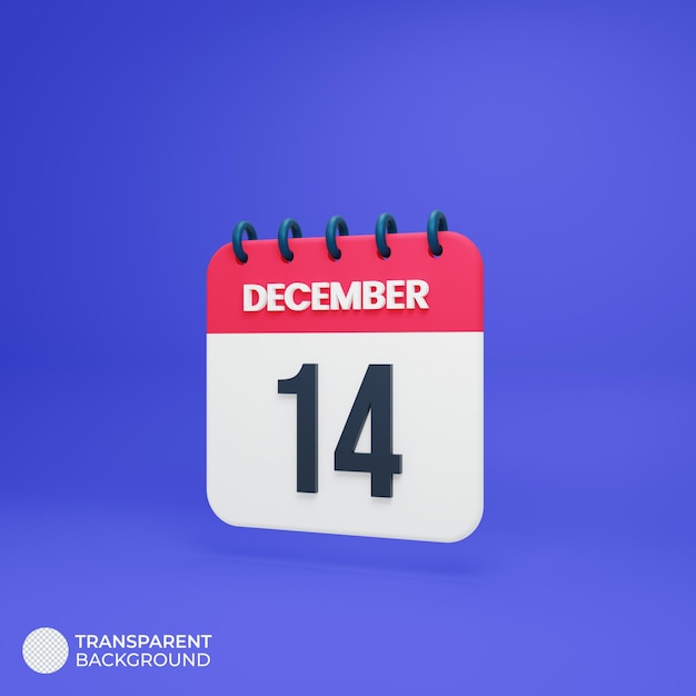 December realistic calendar icon 3d rendered date december 14