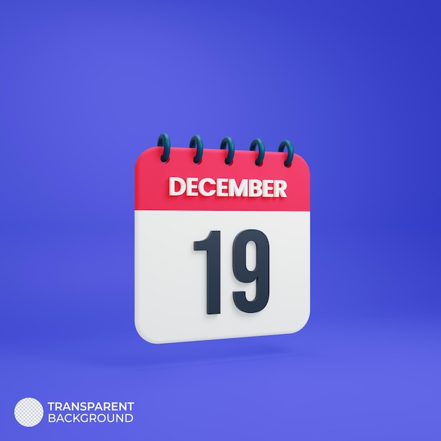 Icona calendario realistico di dicembre data di rendering 3d 19 dicembre