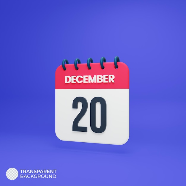 December realistic calendar icon 3d rendered date december 20