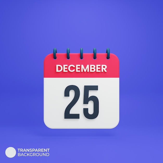 12월 현실적인 달력 아이콘 3D 렌더링 날짜 12월 25일
