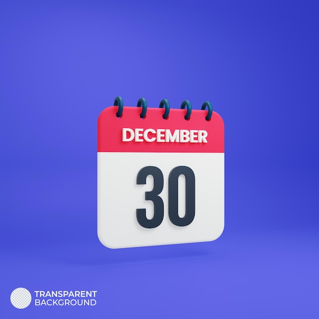 December realistic calendar icon 3d rendered date december 30