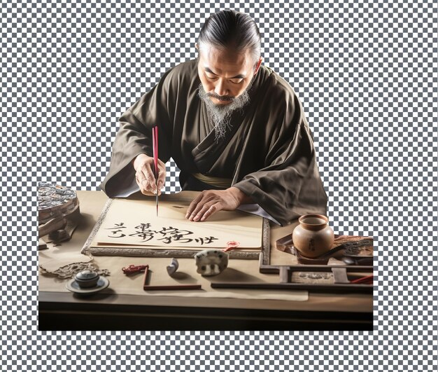 PSD decent participating in traditional calligraphy classes isolated on transparent background