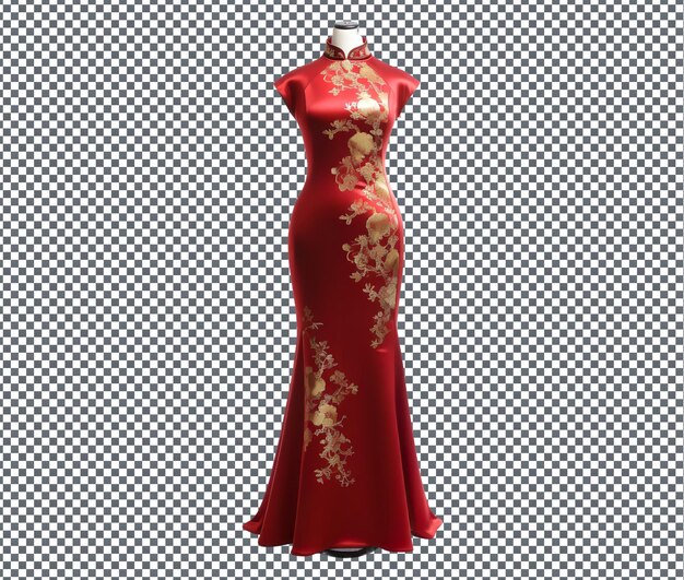 PSD decent red silk cheongsam with gold embroidery isolated on transparent background