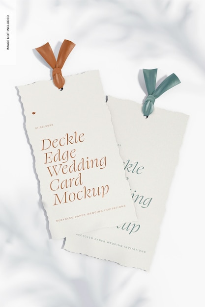 Deckle edge wedding cards with ribbon mockup, top view