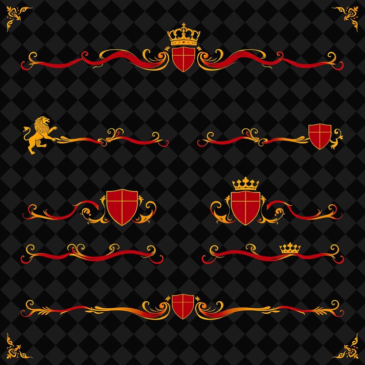 PSD decoratieve grenzen leeuwen schilden kronen diep karmozijnrood met gouden accenten heraldische koninklijkheid vetgedrukte nob