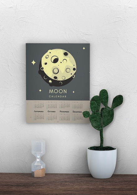 PSD decoratieve mock up muurkalender met maan thema