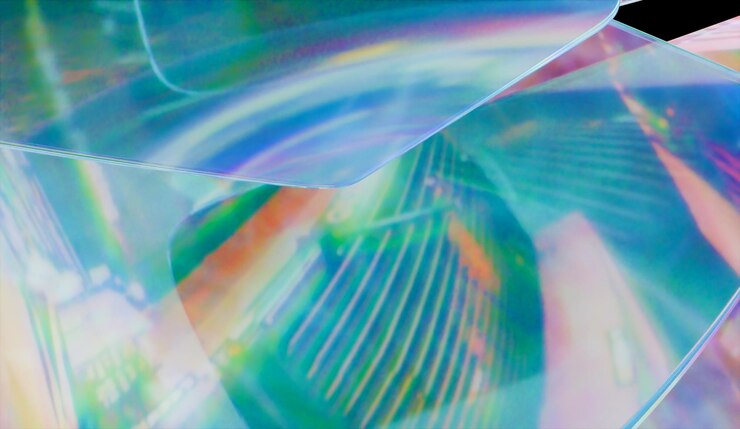 Decorative 3d render of abstract iridescent glass background made with 3d software