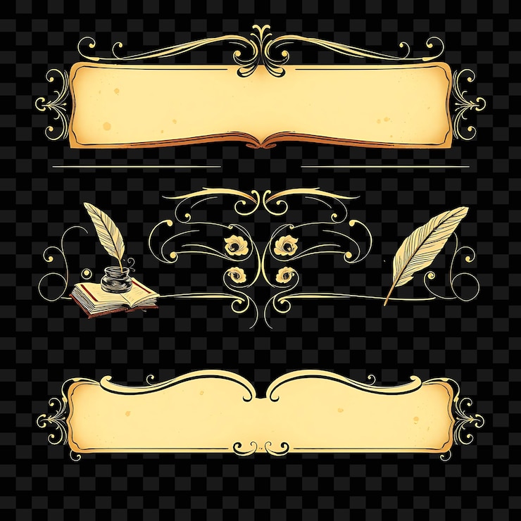 PSD decorative borders books quills inkwells antique sepia and beige victorian inspired with intricat