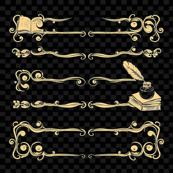 PSD decorative borders books quills inkwells antique sepia and beige victorian inspired with intricat