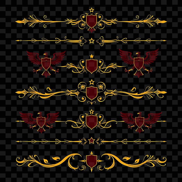 PSD decorative borders eagles shields stars rich crimson with golden accents heraldic nobility bold