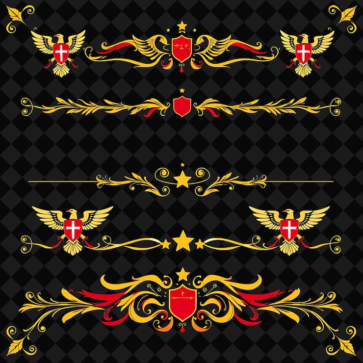 PSD decorative borders eagles shields stars rich crimson with golden accents heraldic nobility bold