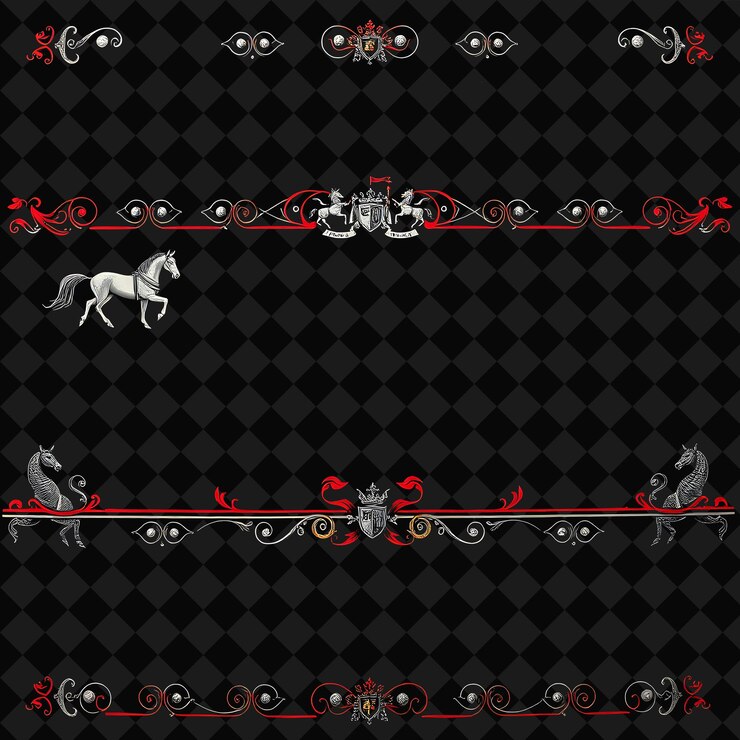 PSD decorative borders horses knights castles steel grey and deep red arthurian mythical medieval an