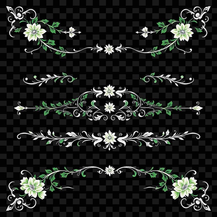 PSD decorative borders ivy vines flowers forest green with pearl white rococo elaborate asymmetrical