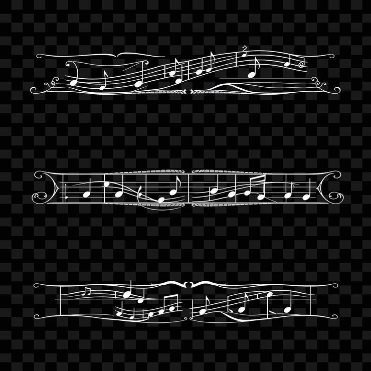 PSD decorative borders music notes and lines black and white with silver accents classical music infl