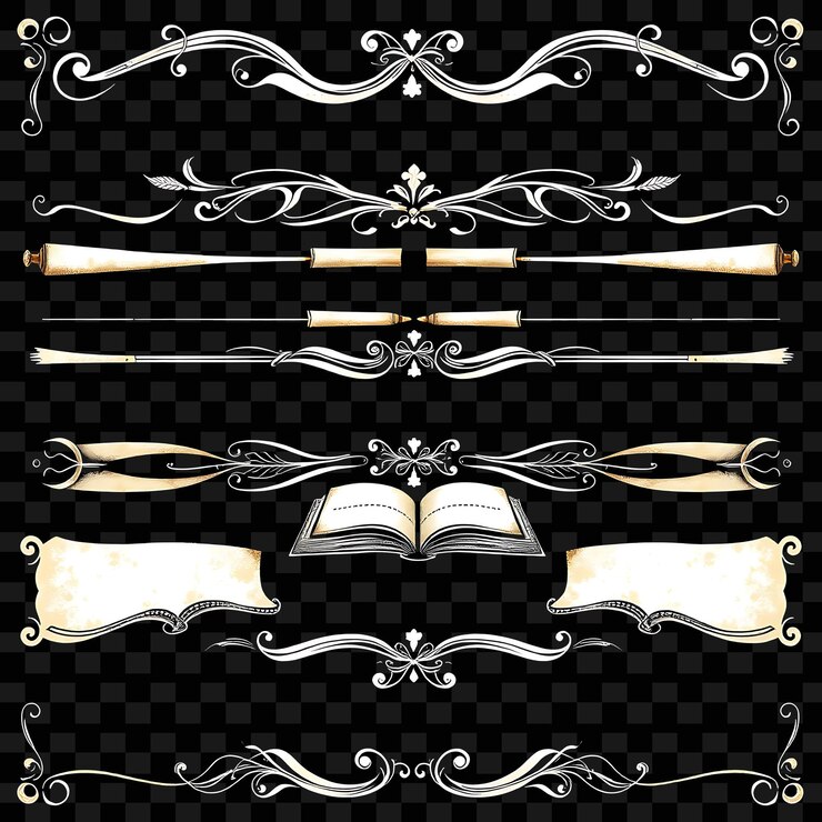 PSD decorative borders scrolls quills books sepia with parchment white renaissance literary scholarl