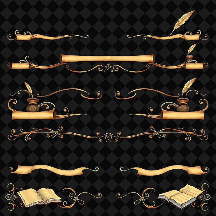 PSD decorative borders scrolls quills inkwells and books deep blue and parchment tones influenced by