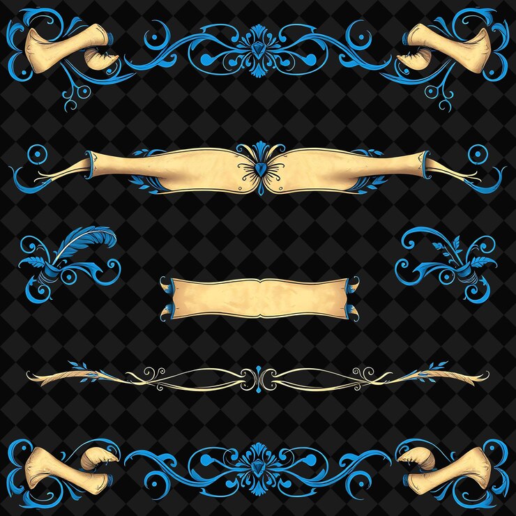 PSD decorative borders scrolls quills inkwells and books deep blue and parchment tones influenced by