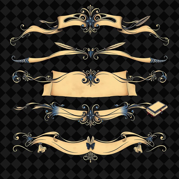 PSD decorative borders scrolls quills inkwells and books deep blue and parchment tones influenced by
