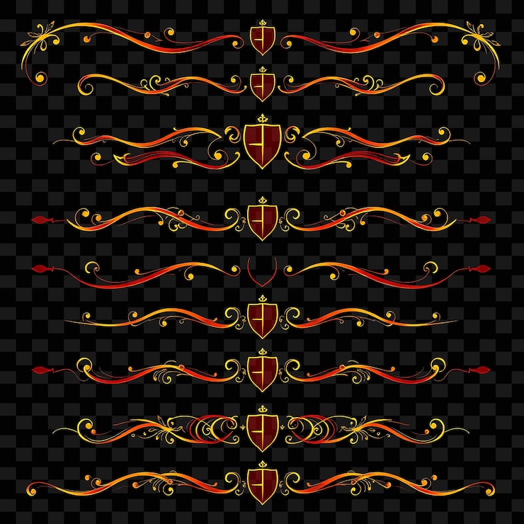 PSD decorative borders scrolls shields and crests deep crimson with gold highlights heraldic influenc