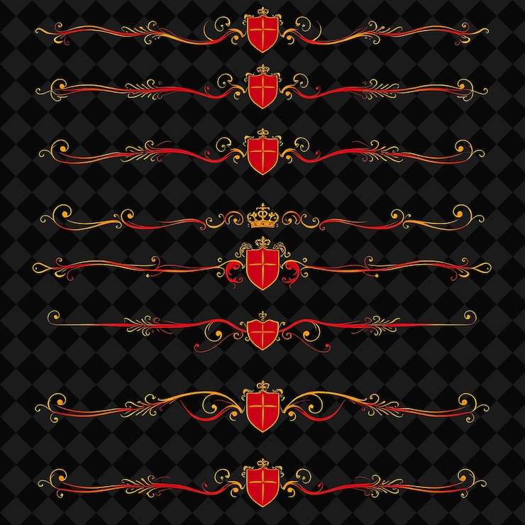 PSD decorative borders scrolls shields and crests deep crimson with gold highlights heraldic influenc