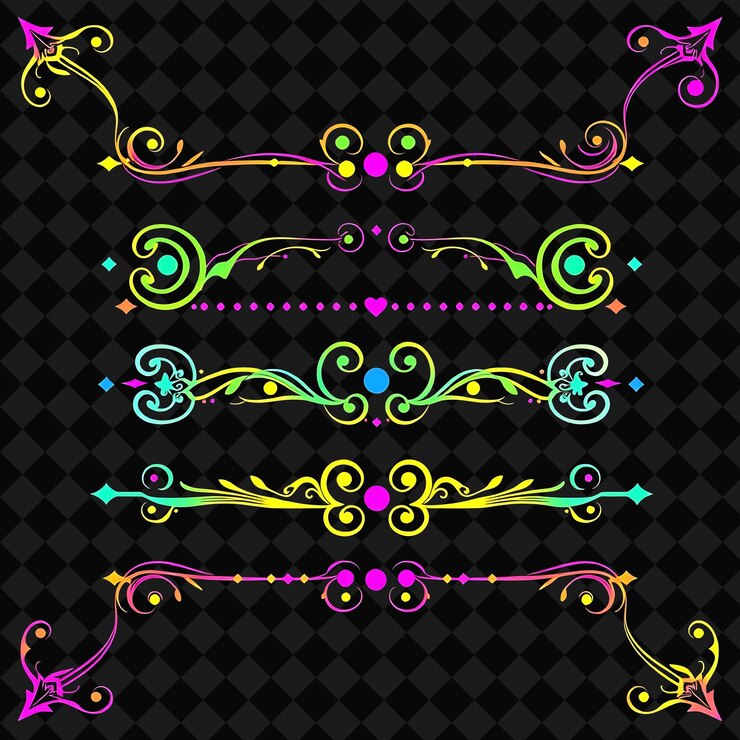 PSD decorative borders swirls dots and stars bright neon colors psychedelic art influence vibrant sw