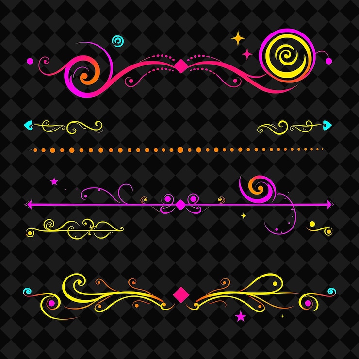 PSD decorative borders swirls dots and stars bright neon colors psychedelic art influence vibrant sw