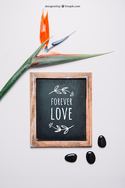 PSD decorative botanical mockup with slate and stones