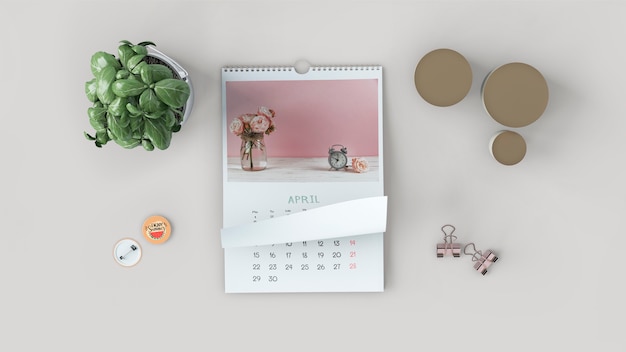 PSD mockup di calendario decorativo piatto lay