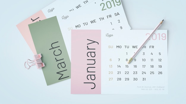 PSD mockup di calendario decorativo piatto lay