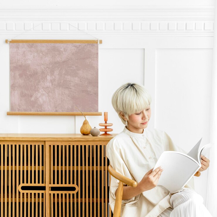 PSD decorative frame mockup by a white wall